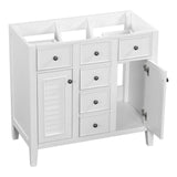 English Elm 36" Bathroom Vanity Without Sink, Cabinet Base Only, Two Cabinets and Five Drawers, Solid Wood Frame, White