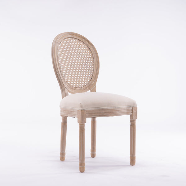 English Elm French Style Solid Wood Frame Dining Chairs Set Of 2 With Cream Linen & Rattan Back For Elegance W162278980