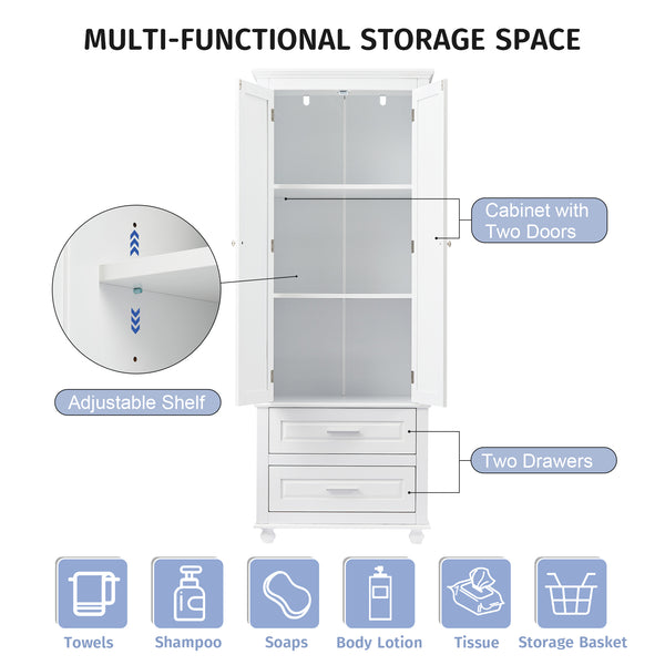 English Elm Tall Slim Storage Cabinet with Adjustable Shelves, 2 Drawers & Doors, Anti-Tip Design for Bathroom White WF299284AAK
