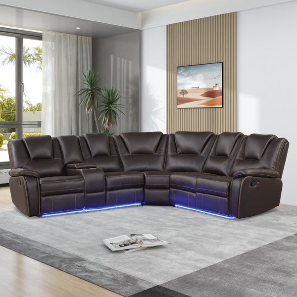 English Elm Modern Pu Leather Reclining Sectional Sofa with Led Base and Console for Living Room SG000730AAD