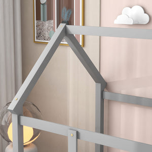 English Elm Twin House Floor Bed with Roof Frame and Fence Guardrails in Grey – Pine Twin Floor Bed, Playful Design W504P174630