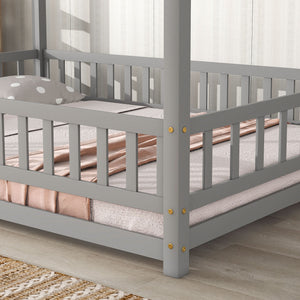 English Elm Full Size Floor Wooden Bed With Charming House Roof Frame And Fence Guardrails In Grey Finish W504P174636