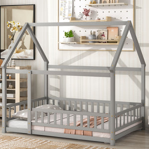 English Elm Full Size Floor Wooden Bed With Charming House Roof Frame And Fence Guardrails In Grey Finish W504P174636