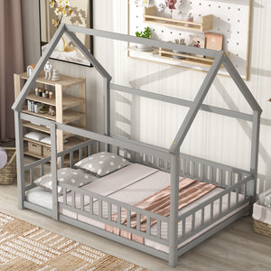 English Elm Full Size Floor Wooden Bed With Charming House Roof Frame And Fence Guardrails In Grey Finish W504P174636