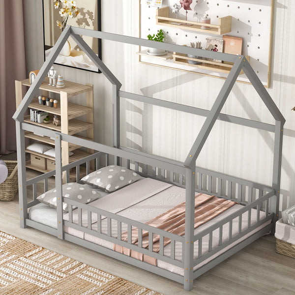 English Elm Full Size Floor Wooden Bed With Charming House Roof Frame And Fence Guardrails In Grey Finish W504P174636