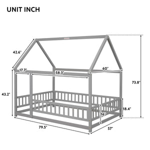 English Elm Full Size Floor Wooden Bed With Charming House Roof Frame And Fence Guardrails In Grey Finish W504P174636