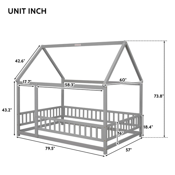 English Elm Full Size Floor Wooden Bed With Charming House Roof Frame And Fence Guardrails In Grey Finish W504P174636