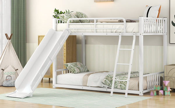English Elm Metal Bunk Bed with Slide Twin over Twin Stylish Space-Saving Metal Frame, Safe Stairs & Playful Slide Fun White MF285671AAK