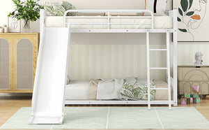 English Elm Metal Bunk Bed with Slide Twin over Twin Stylish Space-Saving Metal Frame, Safe Stairs & Playful Slide Fun White MF285671AAK