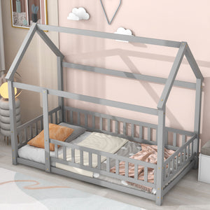English Elm Twin House Floor Bed with Roof Frame and Fence Guardrails in Grey – Pine Twin Floor Bed, Playful Design W504P174630