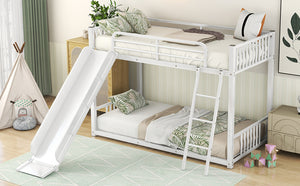 English Elm Metal Bunk Bed with Slide Twin over Twin Stylish Space-Saving Metal Frame, Safe Stairs & Playful Slide Fun White MF285671AAK