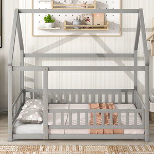 English Elm Full Size Floor Wooden Bed With Charming House Roof Frame And Fence Guardrails In Grey Finish W504P174636