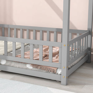 English Elm Twin House Floor Bed with Roof Frame and Fence Guardrails in Grey – Pine Twin Floor Bed, Playful Design W504P174630