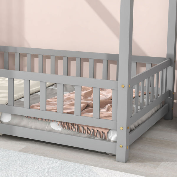 English Elm Twin House Floor Bed with Roof Frame and Fence Guardrails in Grey – Pine Twin Floor Bed, Playful Design W504P174630
