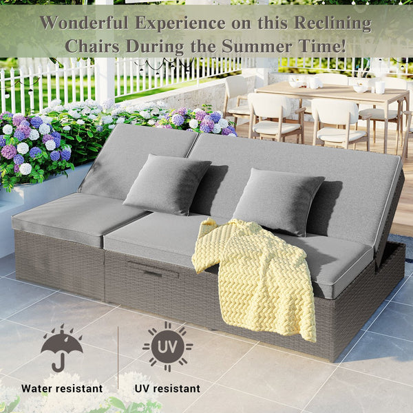 English Elm TOPMAX Outdoor Double Sunbed Rattan Reclining Conversation Set for Two with 5-Position Comfort Cushions and Cup Trays Gray SP100001AAE