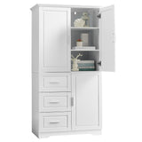 English Elm Tall and Wide Storage Cabinet With Doors For Bathroom/Office, Three Drawers, White