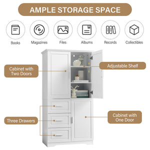 English Elm Tall Narrow Storage Cabinet with Doors and 3 Drawers – Adjustable Shelves, Anti-Tip, 45lb Capacity White WF299285AAK