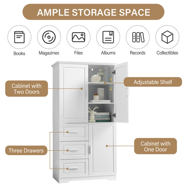 English Elm Tall Narrow Storage Cabinet with Doors and 3 Drawers – Adjustable Shelves, Anti-Tip, 45lb Capacity White WF299285AAK