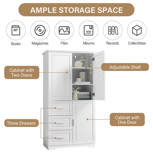 English Elm Tall White Floor Cabinet with Drawers Shelving and Doors for Bathroom or Office N725S412541K