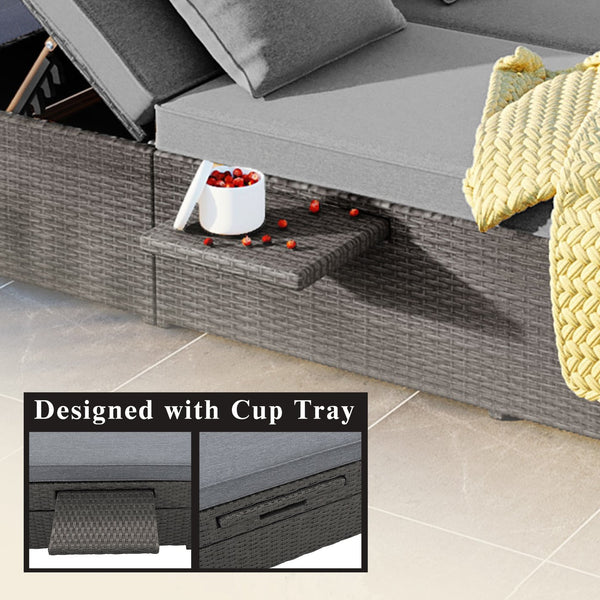 English Elm TOPMAX Outdoor Double Sunbed Rattan Reclining Conversation Set for Two with 5-Position Comfort Cushions and Cup Trays Gray SP100001AAE