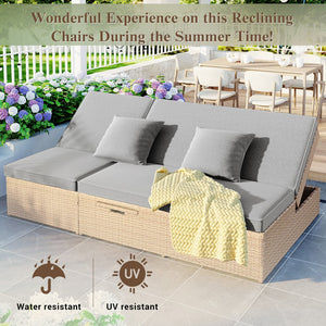 English Elm TOPMAX Outdoor Double Sunbed Rattan Reclining Conversation Set for Two with 5-Position Comfort Cushions and Cup Trays Brown SP100001AAD