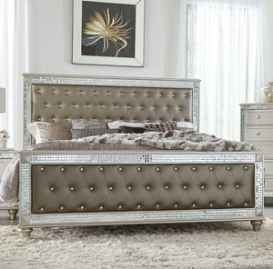 English Elm Glamorous Queen Bed Tufted Faux Leather Frame with Crystal Accents Hollywood Regency Style B011S00306