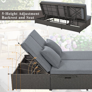 English Elm TOPMAX Outdoor Double Sunbed Rattan Reclining Conversation Set for Two with 5-Position Comfort Cushions and Cup Trays Gray SP100001AAE