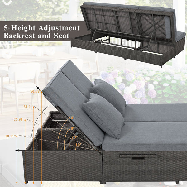English Elm TOPMAX Outdoor Double Sunbed Rattan Reclining Conversation Set for Two with 5-Position Comfort Cushions and Cup Trays Gray SP100001AAE