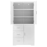 English Elm Tall and Wide Storage Cabinet With Doors For Bathroom/Office, Three Drawers, White