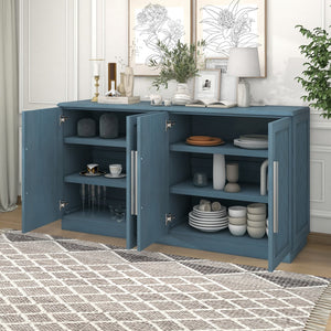 English Elm Trexm Sideboard With 4 Doors Large Storage Space Buffet Cabinet With Adjustable Shelves and Silver Handles For Kitchen, Dining Room, Living Room (Antique Blue)