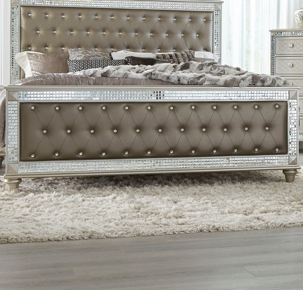 English Elm Glamorous Queen Bed Tufted Faux Leather Frame with Crystal Accents Hollywood Regency Style B011S00306