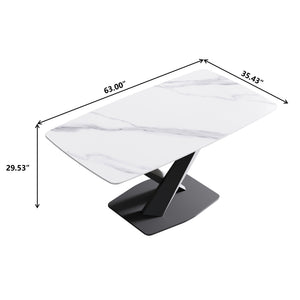English Elm 63"Modern Durable Dining Table With White Sintered Stone Top & Black X-Shaped Legs For 6-8 People W1535S00191