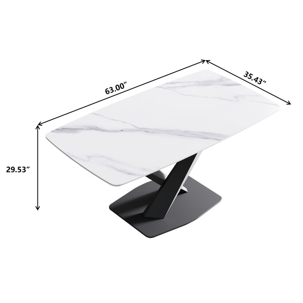 English Elm 63"Modern Durable Dining Table With White Sintered Stone Top & Black X-Shaped Legs For 6-8 People W1535S00191