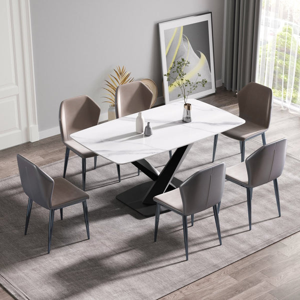 English Elm 63"Modern Durable Dining Table With White Sintered Stone Top & Black X-Shaped Legs For 6-8 People W1535S00191