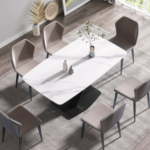 English Elm 63"Modern Durable Dining Table With White Sintered Stone Top & Black X-Shaped Legs For 6-8 People W1535S00191