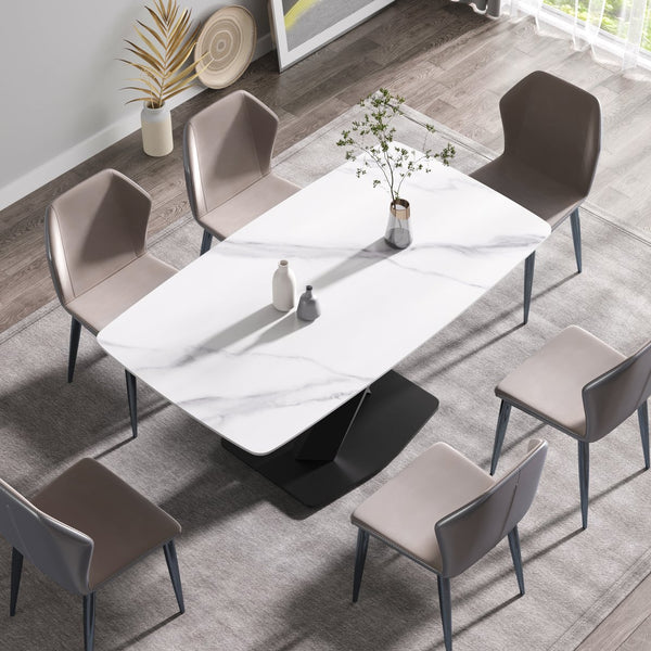 English Elm 63"Modern Durable Dining Table With White Sintered Stone Top & Black X-Shaped Legs For 6-8 People W1535S00191