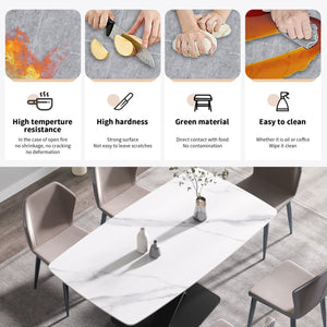 English Elm 63"Modern Durable Dining Table With White Sintered Stone Top & Black X-Shaped Legs For 6-8 People W1535S00191
