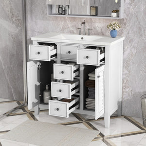 English Elm 36" Bathroom Vanity With Ceramic Basin, Two Cabinets and Five Drawers, Solid Wood Frame, White (Old Sku: Sy999202Aak)