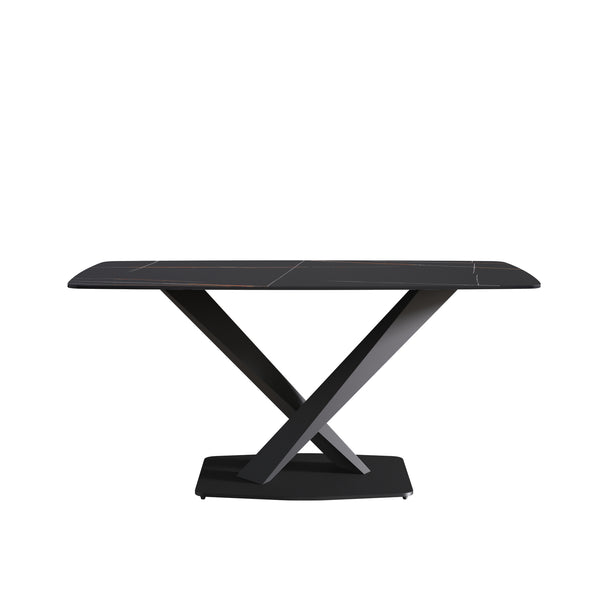English Elm 63"Modern Sintered Stone Dining Table With Black Metal Legs – Stylish Seating For 6-8 People! W1535S00193