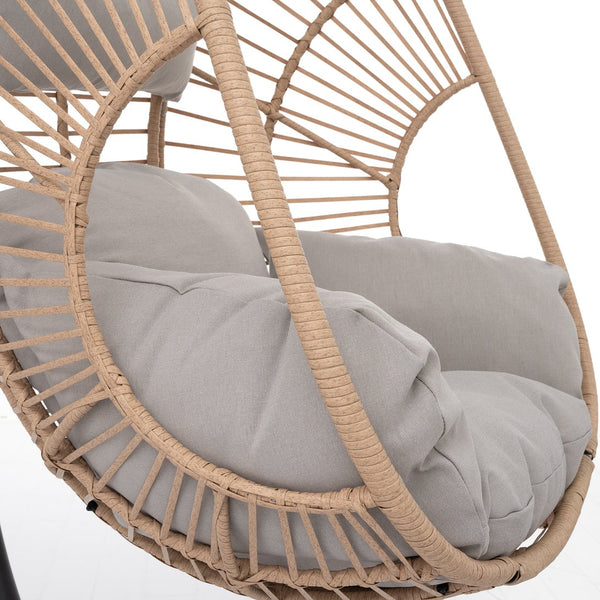 English Elm Outdoor Swing Egg Chair: Natural Wicker Hanging Seat with Plush Beige Cushion for Patio & Porch Comfort W400S00016