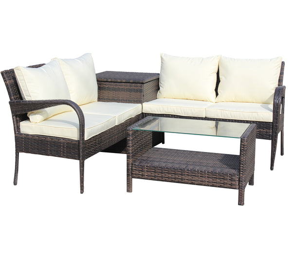 English Elm 4 Piece Patio Sectional Wicker Rattan Outdoor Furniture Sofa Set with Storage Table, Beige Cushions, Tempered Glass Brown W209S00010