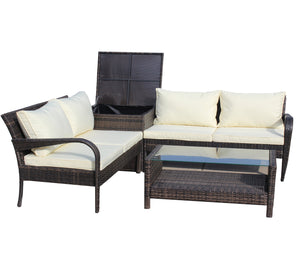 English Elm 4 Piece Patio Sectional Wicker Rattan Outdoor Furniture Sofa Set with Storage Table, Beige Cushions, Tempered Glass Brown W209S00010
