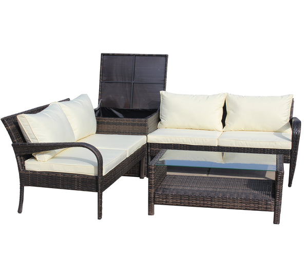 English Elm 4 Piece Patio Sectional Wicker Rattan Outdoor Furniture Sofa Set with Storage Table, Beige Cushions, Tempered Glass Brown W209S00010