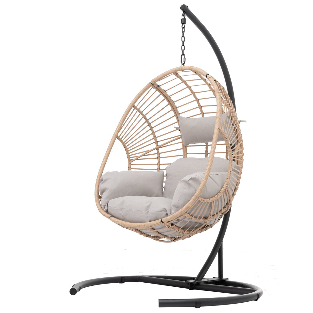 English Elm Outdoor Swing Egg Chair: Natural Wicker Hanging Seat with Plush Beige Cushion for Patio & Porch Comfort W400S00016