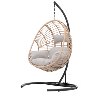 English Elm Outdoor Swing Egg Chair: Natural Wicker Hanging Seat with Plush Beige Cushion for Patio & Porch Comfort W400S00016