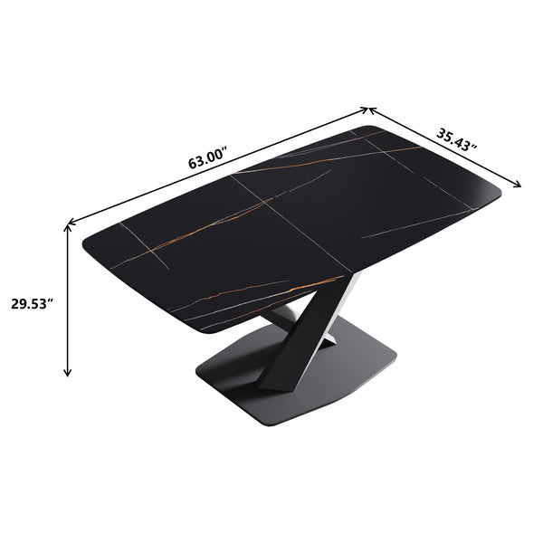 English Elm 63"Modern Sintered Stone Dining Table With Black Metal Legs – Stylish Seating For 6-8 People! W1535S00193