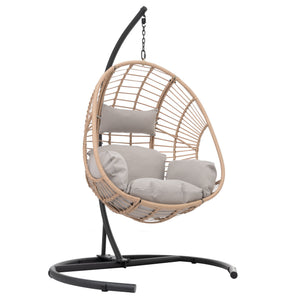 English Elm Outdoor Swing Egg Chair: Natural Wicker Hanging Seat with Plush Beige Cushion for Patio & Porch Comfort W400S00016