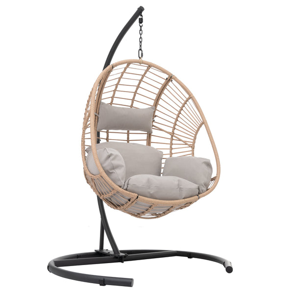 English Elm Outdoor Swing Egg Chair: Natural Wicker Hanging Seat with Plush Beige Cushion for Patio & Porch Comfort W400S00016