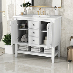 English Elm 36" Bathroom Vanity With Ceramic Basin, Two Cabinets and Drawers, Open Shelf, Solid Wood Frame, White (Old Sku: Sy999101Aak)