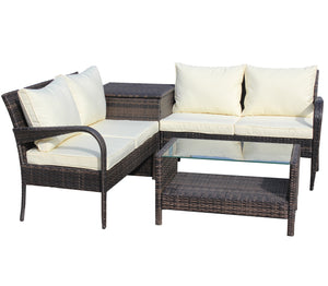 English Elm 4 Piece Patio Sectional Wicker Rattan Outdoor Furniture Sofa Set with Storage Table, Beige Cushions, Tempered Glass Brown W209S00010